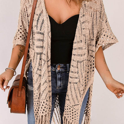 Openwork Open Front Cardigan with Fringes - MimiStylez
