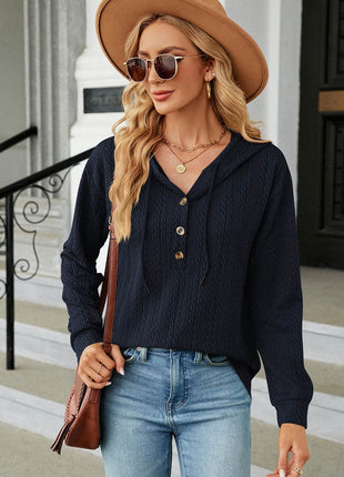 Drawstring Half Button Long Sleeve Hoodie - MimiStylez