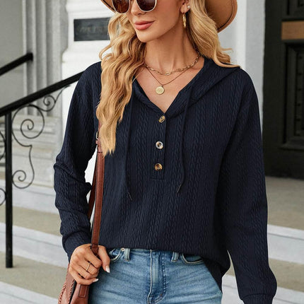 Drawstring Half Button Long Sleeve Hoodie - MimiStylez
