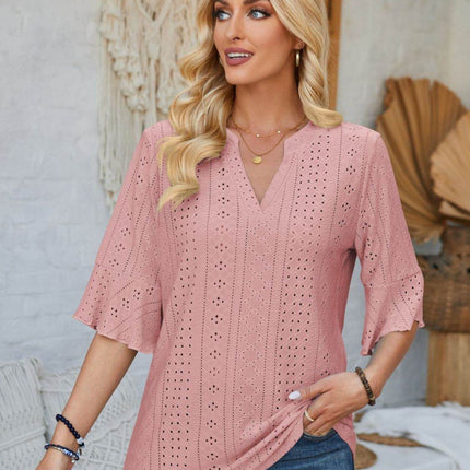 Eyelet Notched Half Sleeve T-Shirt - MimiStylez
