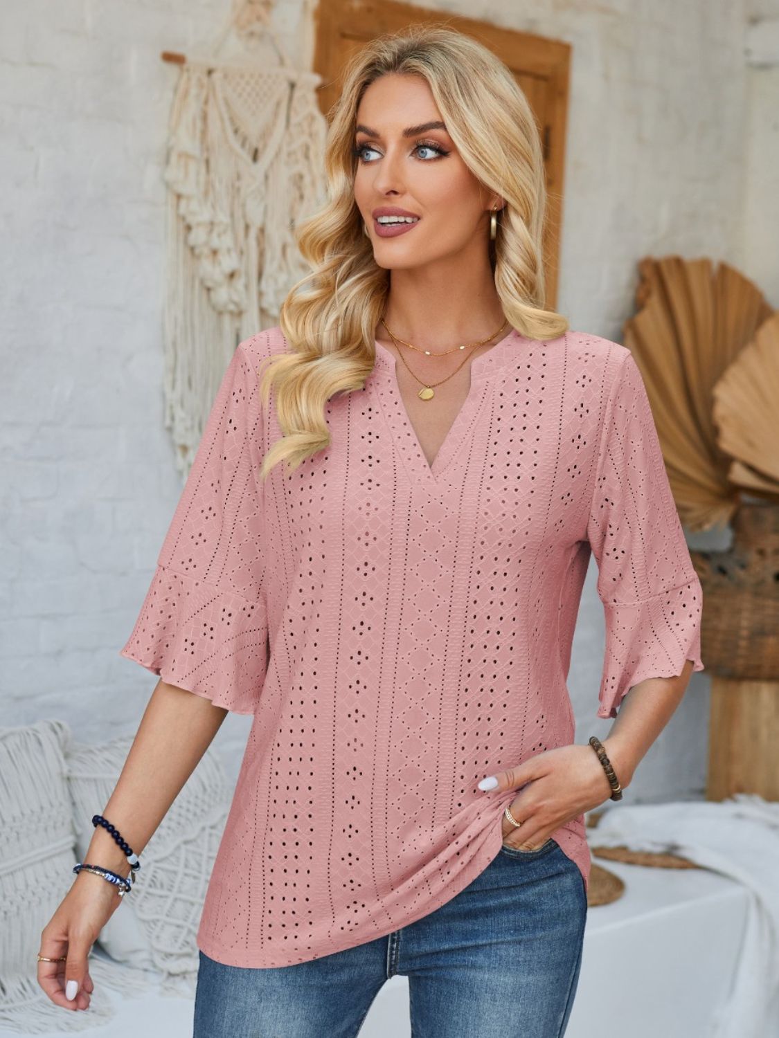 Eyelet Notched Half Sleeve T-Shirt