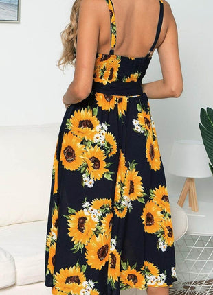Smocked Sunflower Printed Sleeveless Cami Dress - MimiStylez