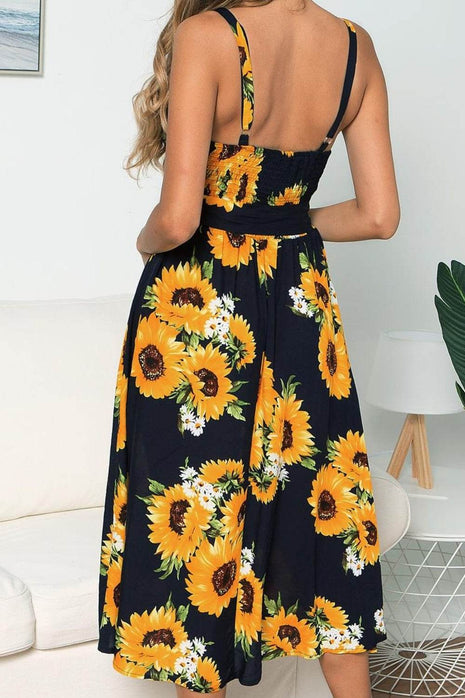 Smocked Sunflower Printed Sleeveless Cami Dress - MimiStylez