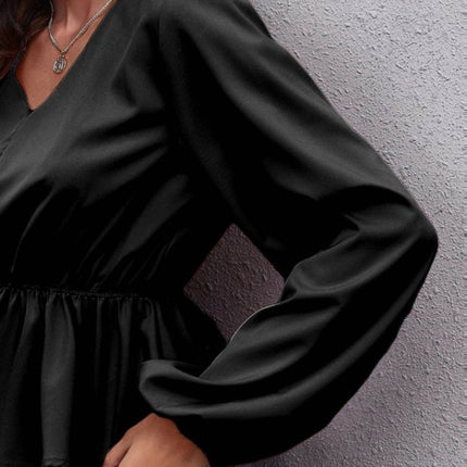 V-Neck Balloon Sleeve Peplum Blouse - MimiStylez