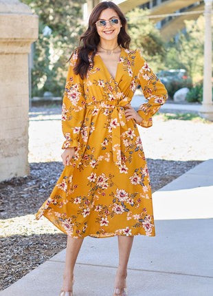 Double Take Full Size Floral Tie Back Flounce Sleeve Dress - MimiStylez