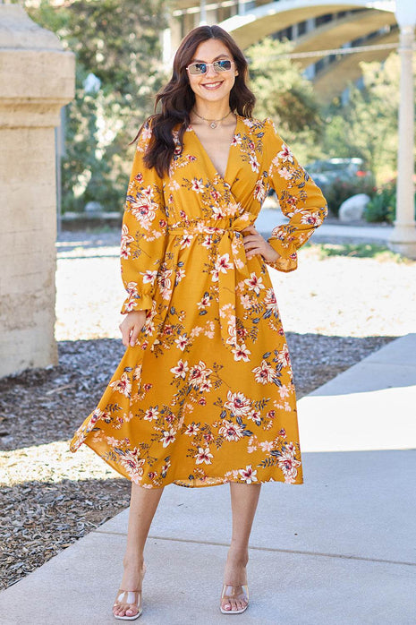Double Take Full Size Floral Tie Back Flounce Sleeve Dress - MimiStylez