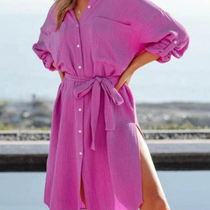Button Down Tie Waist Shirt Dress - MimiStylez