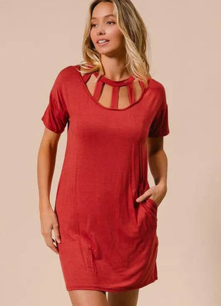BiBi Front Cutout Mini Tee Dress with Pockets - MimiStylez