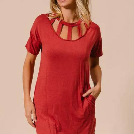 BiBi Front Cutout Mini Tee Dress with Pockets - MimiStylez