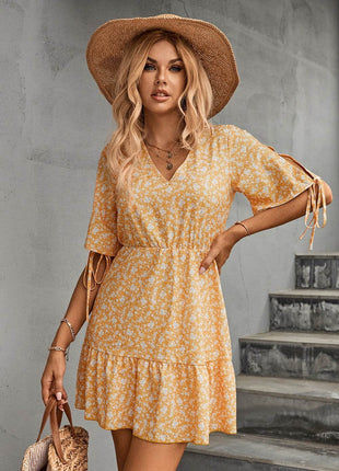 Ditsy Floral V-Neck Half Sleeve Mini Dress - MimiStylez