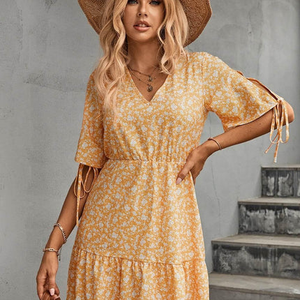 Ditsy Floral V-Neck Half Sleeve Mini Dress - MimiStylez