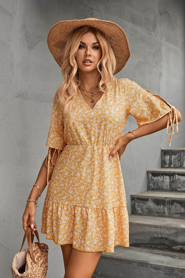 Ditsy Floral V-Neck Half Sleeve Mini Dress - MimiStylez
