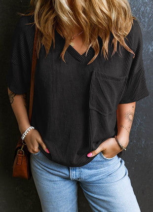 Textured V-Neck Dropped Shoulder T-Shirt - MimiStylez