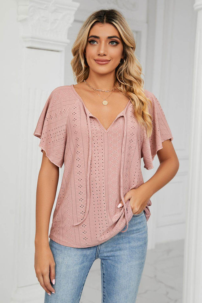 Eyelet Tie-Neck Flutter Sleeve Top - MimiStylez