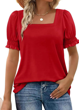 Simple U-neck Petal Sleeve Loose T-shirt - MimiStylez