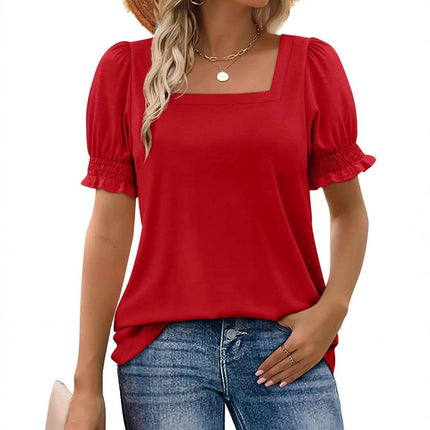 Simple U-neck Petal Sleeve Loose T-shirt - MimiStylez