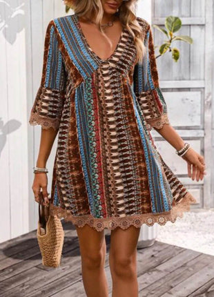 Lace Trim Printed V-Neck 3/4 Sleeve Dress - MimiStylez