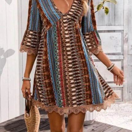 Lace Trim Printed V-Neck 3/4 Sleeve Dress - MimiStylez