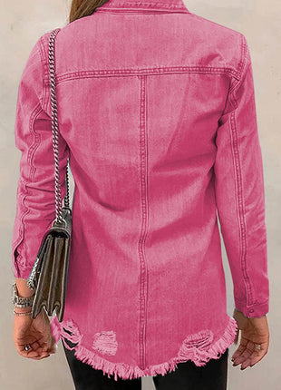 Distressed Raw Hem Snap Down Denim Jacket - MimiStylez