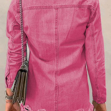 Distressed Raw Hem Snap Down Denim Jacket - MimiStylez