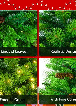 6FT Pre Lit Pine Christmas Tree With Pine Cones, Includes Pre Lit Garland and Wreath - 3PC Set