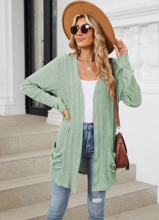 Pocketed Open Front Long Sleeve Cardigan - MimiStylez