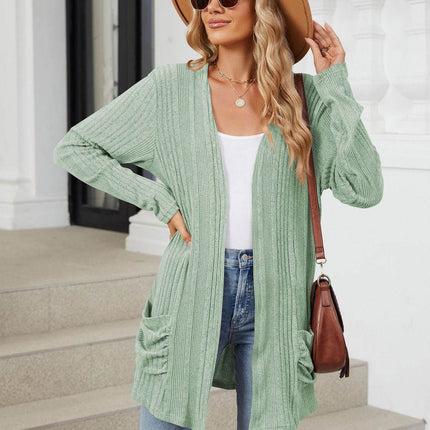 Pocketed Open Front Long Sleeve Cardigan - MimiStylez