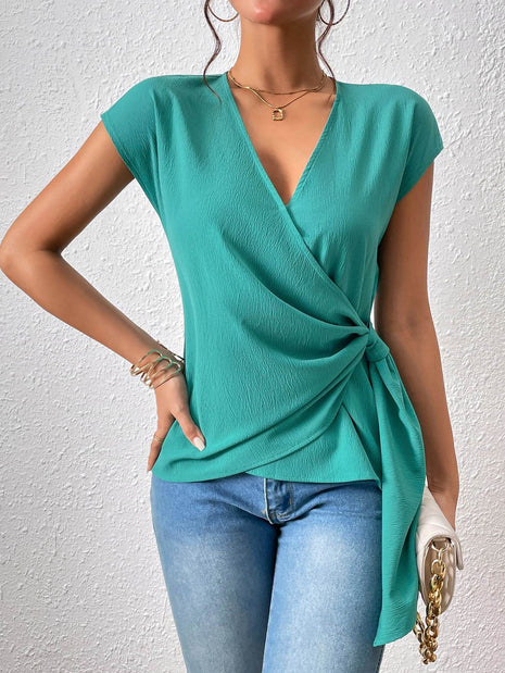 Tied Surplice Neck Short Sleeve Blouse - MimiStylez