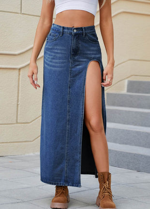 Slit Buttoned Denim Skirt with Pockets - MimiStylez