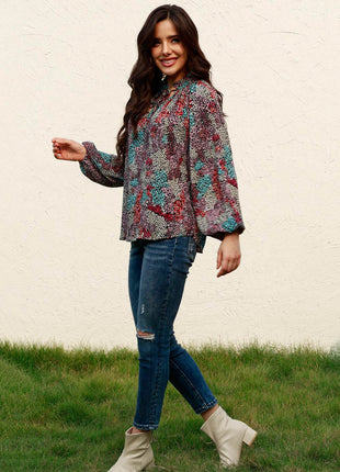 Tie Neck Heathered Balloon Sleeve Blouse - MimiStylez