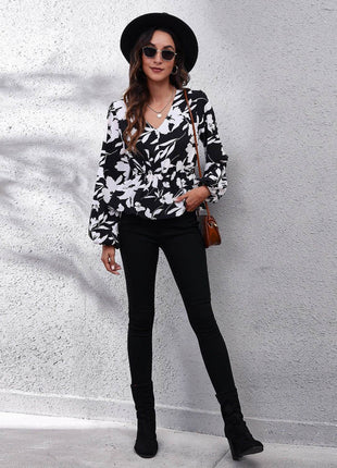 Floral V-Neck Balloon Sleeve Peplum Blouse - MimiStylez