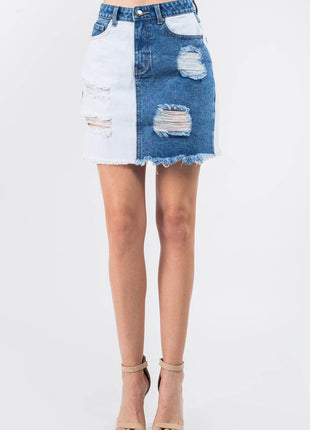 American Bazi Contrast Patched Frayed Denim Distressed Skirts - MimiStylez