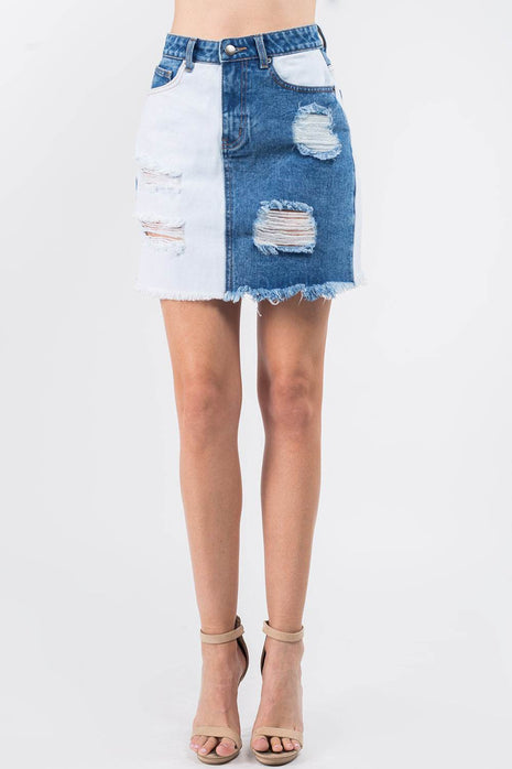 American Bazi Contrast Patched Frayed Denim Distressed Skirts - MimiStylez