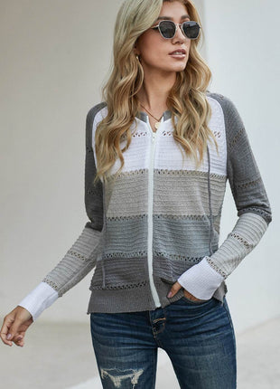 Zip-Up Raglan Sleeve Openwork Hooded Cardigan - MimiStylez