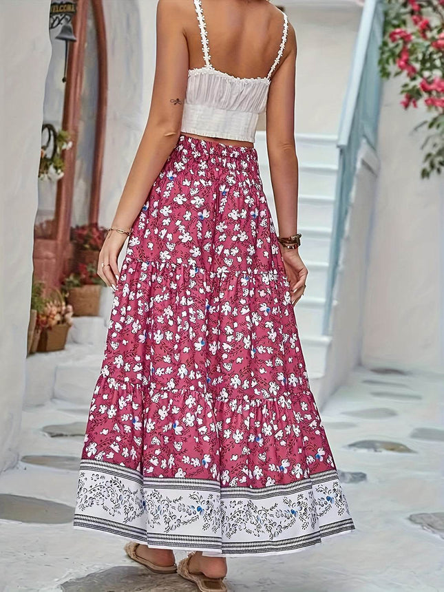 Full Size Tiered Printed Elastic Waist Skirt - MimiStylez