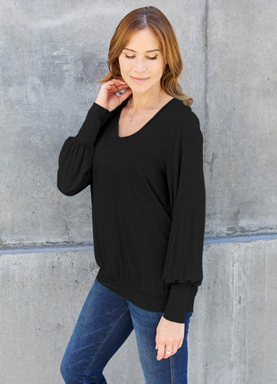 Basic Bae Full Size V-Neck Lantern Sleeve Blouse - MimiStylez