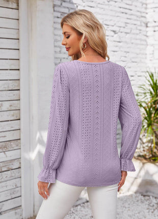 Applique V-Neck Flounce Sleeve T-Shirt - MimiStylez