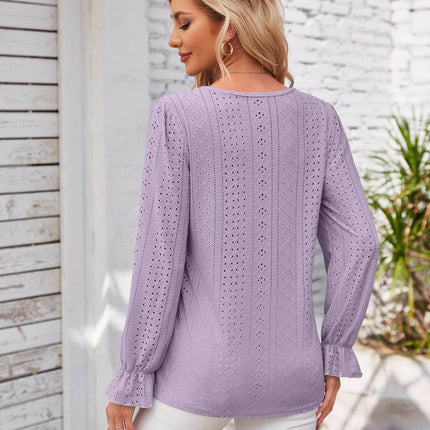Applique V-Neck Flounce Sleeve T-Shirt - MimiStylez