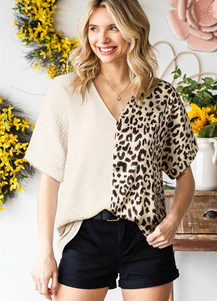 Leopard Color Block V-Neck Blouse - MimiStylez