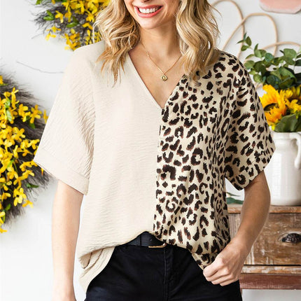 Leopard Color Block V-Neck Blouse - MimiStylez