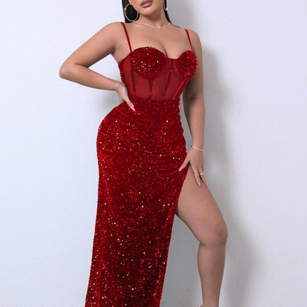 Sequin Spliced Mesh Adjustable Strap Dress - MimiStylez