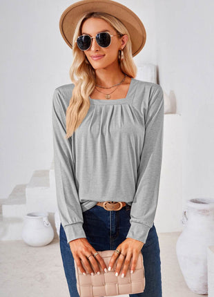 Square Neck Ruched Long Sleeve Blouse - MimiStylez
