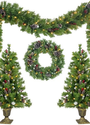 4PC Pre-lit Xmas Tree Artificial Christmas Set - Includes Garland, Wreath And Set Of 2 Entrance Trees