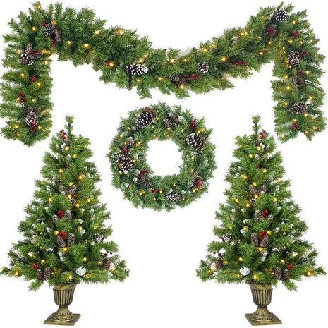 4PC Pre-lit Xmas Tree Artificial Christmas Set - Includes Garland, Wreath And Set Of 2 Entrance Trees
