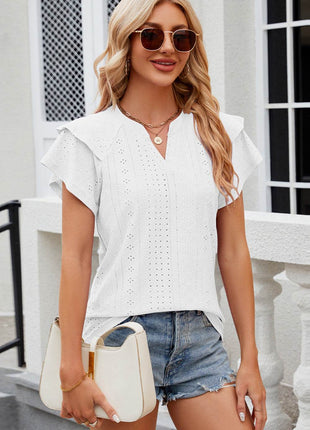 Eyelet Notched Flutter Sleeve T-Shirt - MimiStylez