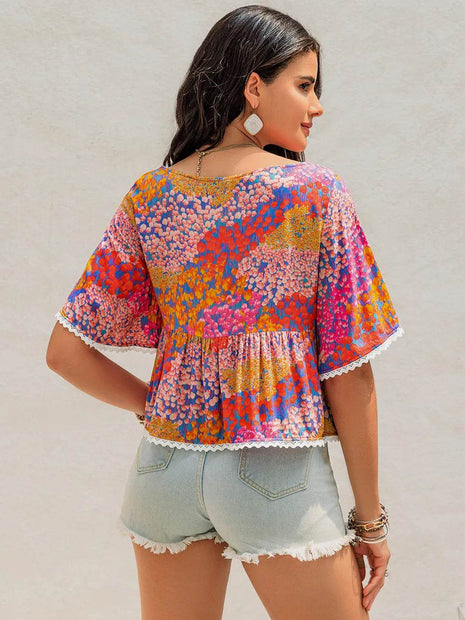 Ruched Printed Half Sleeve Blouse - MimiStylez