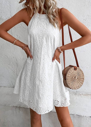 Eyelet Grecian Neck Mini Dress - MimiStylez