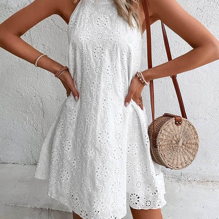 Eyelet Grecian Neck Mini Dress - MimiStylez