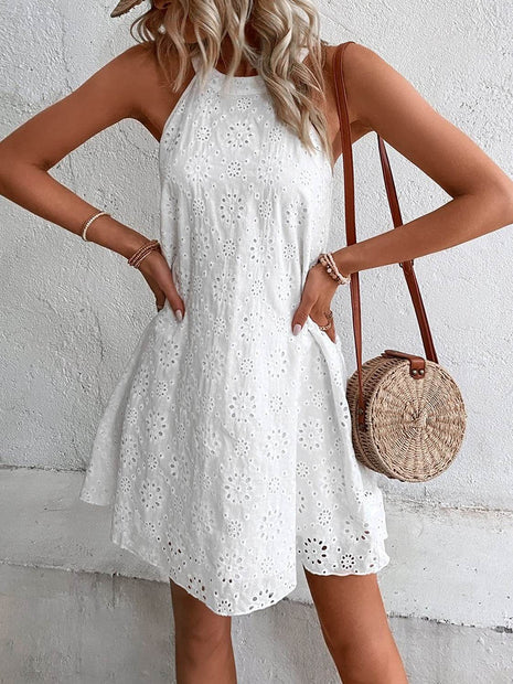 Eyelet Grecian Neck Mini Dress - MimiStylez
