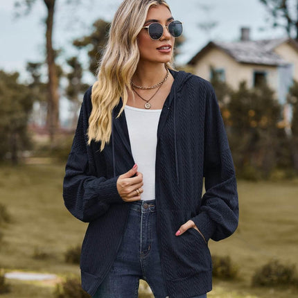 Zip Up Drawstring Long Sleeve Hooded Jacket - MimiStylez